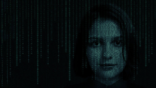 Female face with matrix digital numbers artifical intelligence AI theme with human face.