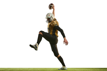 Winning game. Motivated man, american football player in motion, training over white studio...