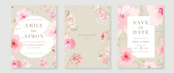 Fototapeta Luxury wedding invitation card background vector. Watercolor blooming flower and golden texture line art with geometric frame template. Design illustration for wedding and vip cover template, banner. obraz