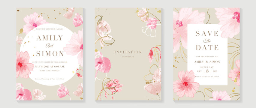 Luxury wedding invitation card background vector. Watercolor blooming flower and golden texture line art with geometric frame template. Design illustration for wedding and vip cover template, banner.