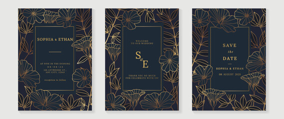Luxury wedding invitation card background vector. Golden texture botanical floral leaf branch with geometric frame line art template. Design illustration for wedding and vip cover template, banner. © TWINS DESIGN STUDIO