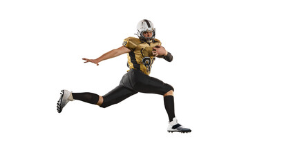 Fototapeta na wymiar Holding ball and running. Man, american football player in motion, training over white studio background. Concept of sport, competition