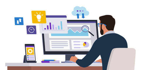 Corporate businessman checking financial reports online