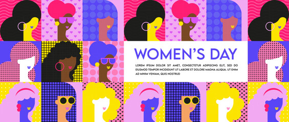 Happy women's day banner with women of different ethnicities and cultures stand side by side together. Strong and brave girls support each other. Sisterhood and females friendship. Vector banner.