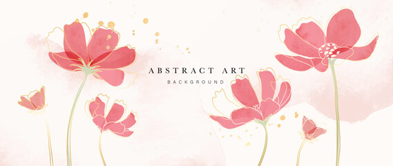 Fototapeta Abstract art background vector. Luxury watercolor flowers with gold line art and ink splatter texture background. Art design illustration for wallpaper, poster, banner card, print, web and packaging.  obraz