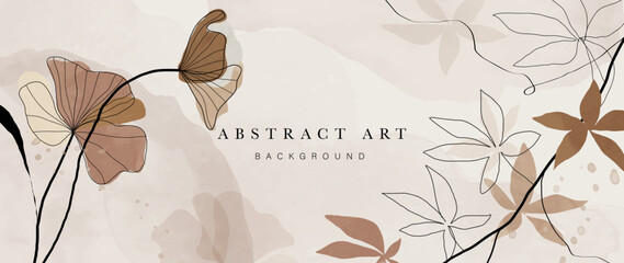 Fototapeta Abstract art background vector. Hand drawn watercolor flowers and line art painting minimal style background. Art design illustration for wallpaper, poster, banner card, print, web and packaging.  obraz