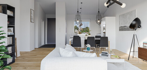 Modern interior in european apartment house with wooden floor