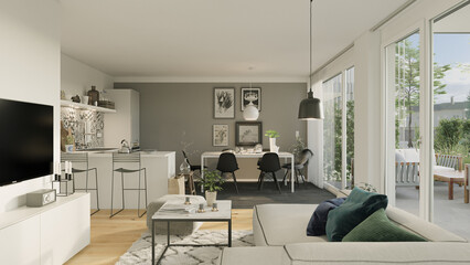 Fototapeta na wymiar Modern interior in european apartment house with wooden floor