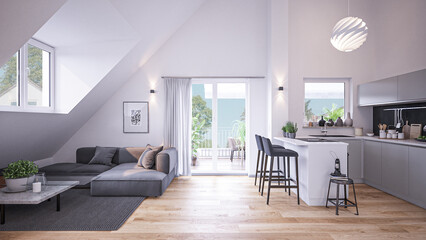 Fototapeta na wymiar modern attic Scandinavian style apartment interior