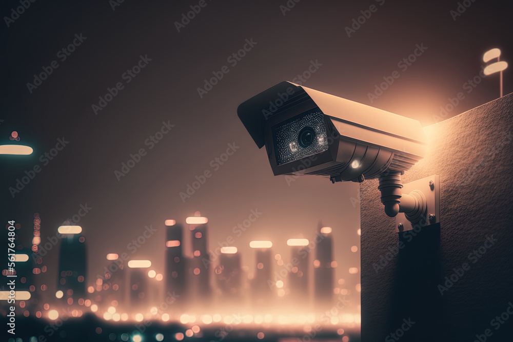Poster a wall mounted modern cctv camera. a hazy background of a metropolis at night. concept of monitoring