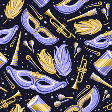 Vector Carnival seamless pattern, square repeat background with purple decorative carnival feathers, golden musical instruments and isolated illustrations of carnival symbols for black wrapping paper