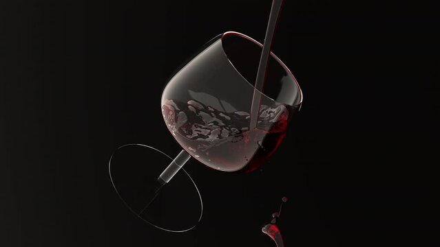 red wine pouring into glass. 3d animation of red wine in a glass. glass of wine swirl on black background