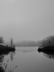 Fototapeta premium Winter river landscape with fog and silhouette of trees in the background. black and white photo
