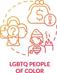 LGBTQ people of color red gradient concept icon. Discrimination issue. Different barriers facing abstract idea thin line illustration. Isolated outline drawing. Myriad Pro-Bold font used