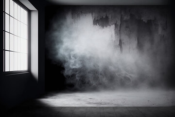 Create a mist or fog texture on the dark concentration floor. Black, dark, and gray interior texture with a studio area and abstract cement wall. Generative AI