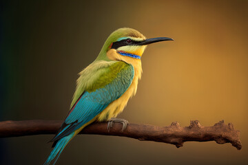Fototapeta premium Colorful blue tailed bee eater perched on a broken twig side view close up portraiture shot. beautiful bird isolated against a dark soft background. Bird facing the warm evening light. Generative AI