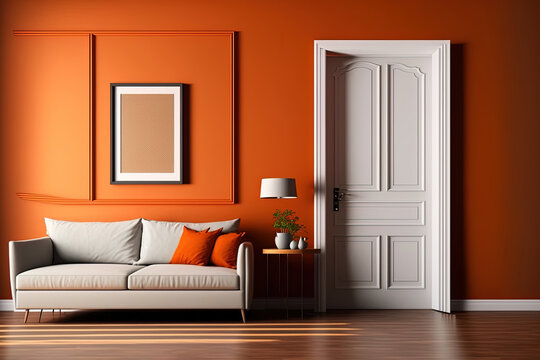 Orange living room and orange wall background light grey sofa and avangard white door. Modern home decoration brown parquet and carpet design. Generative AI