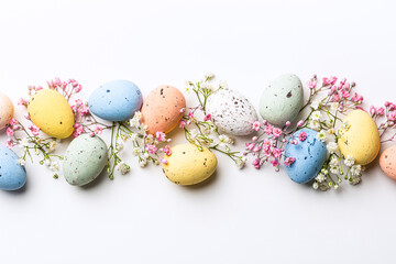 Fototapeta Easter composition of colorful quail eggs and spring flowers over white background. Springtime holidays concept with copy space. Top view obraz