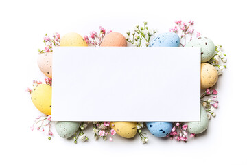Easter composition of Easter quail eggs, flowers, paper blank over white background. Spring...
