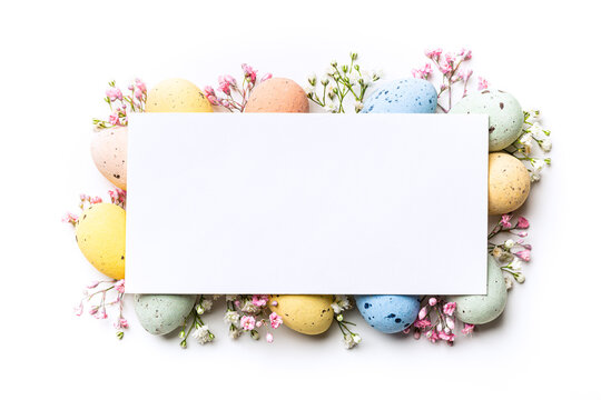 Easter composition of Easter quail eggs, flowers, paper blank over white background. Spring holidays concept with copy space. Top view