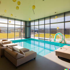interior of a house, pool room with sofa's, from floor to roof windows, clear outside view to garden, a beautifule view