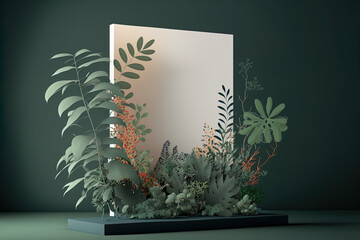 Frame, cover, card, or postcard with a discrete botanical background and a shadow on the wall. Exhibition podium, stand, on a soft, architecturally themed background for a premium good. Generative AI