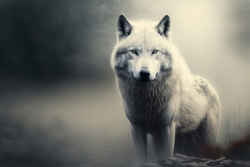 epic misty wolf in forest background,generative ai.