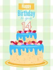 Bright cheerful birthday card invitation with a cake for children or teenagers. For girls and boys. Suitable for print, postcards, poster.