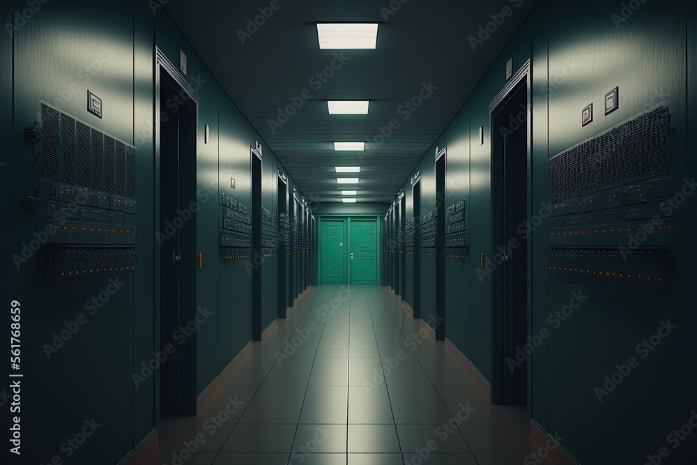 Poster server room hallway with a line of servers in it. generative ai