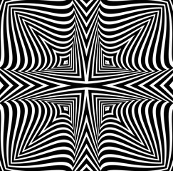 Abstract background with optical illusion wave. Black and white horizontal lines with wavy distortion effect for prints, web pages, template, posters, monochrome backgrounds and pattern