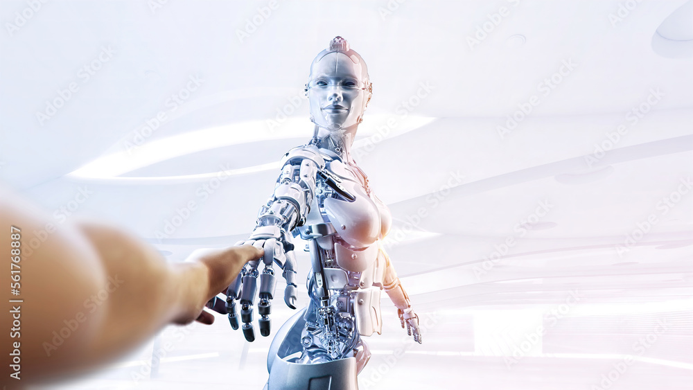 Aufkleber ai artificial intelligence, humanoid cyborg robot and human hand. ai with digital brain, machine lea