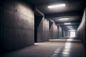 Hangar Garage cement, empty, with neon. Tunnel corridor. Generated with AI technology.