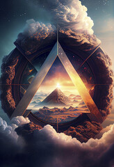 Cosmic surreal landscape, Fantasy, sci-fi illustration. Multidimensional triangular portal with pyramid. Concept art. AI generated.	 - obrazy, fototapety, plakaty