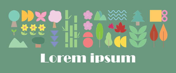Pattern nature banner template. Vector illustration for website, background, poster, social media post design. Green, mountain, plant, flower. Hand-drawn style.