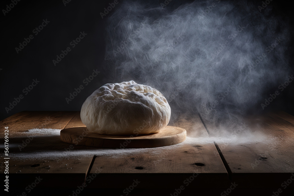 Aufkleber dough on a wooden table in a bakery against a dark background with room for an object. generative ai