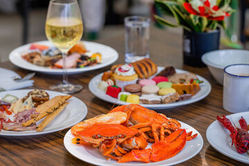 Fine Dining food in Luxury Restaurant with Steamed Red Crab Meal