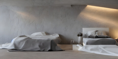 Fototapeta na wymiar luxury comfortable bedroom with lights and futuristic wall graphy