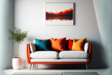 Comfortable couch with orange and red pillow in spacious living room interior, real photo with copy space on the empty white wall. Generative AI