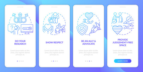 Supporting gender identity blue gradient onboarding mobile app screen. Walkthrough 4 steps graphic instructions with linear concepts. UI, UX, GUI template. Myriad Pro-Bold, Regular fonts used