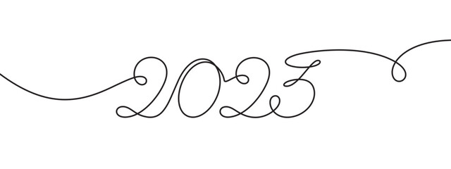 2023 new year single continuous line sketch. Hand drawing number 2023. Curved outline. Minimalistic hand-drawn banner with single line path. Trendy conceptual simplicity. Vector illustration