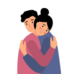 Man hug and support his female friend in flat design on white background. Man hugging his sad girlfriend.
