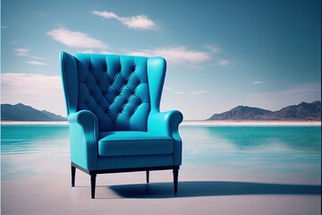 Fototapeta na wymiar A blue leather chair standing on a tropical beach. Ai Generative