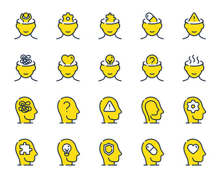 Mental health line icons. Stress anxiety, headache pill and person therapy set. Bipolar disorder, cognitive trouble and depression line icons. Society fear, mental care, stress treatment. Vector