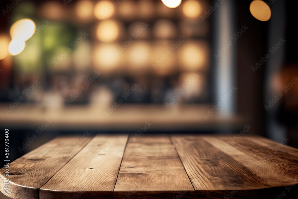 Poster Wooden board empty Table Top And Blur Interior over blur in coffee shop Background, Mock up for display of product. Generative AI