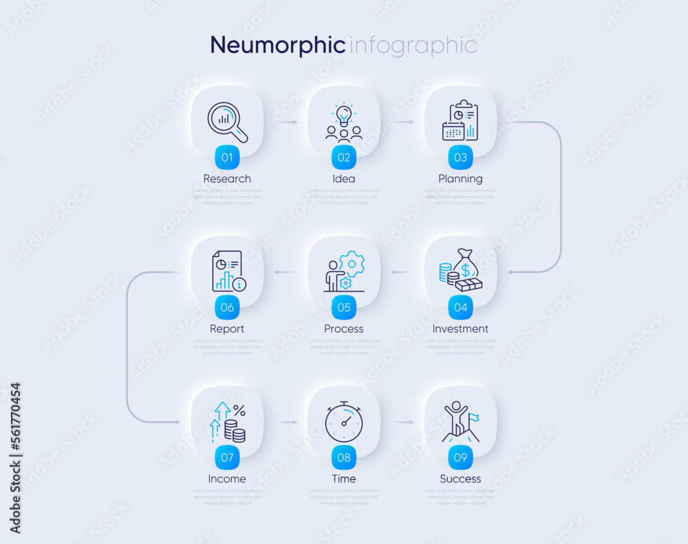 Poster neumorphic business 9 step flowchart or timeline diagram. presentation process diagram. business tim