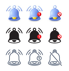 Notification bell icon set. Incoming inbox message, ringing bell and new message reminder icons. Event alert notice, web notification box and announcement reminder. Vector illustration