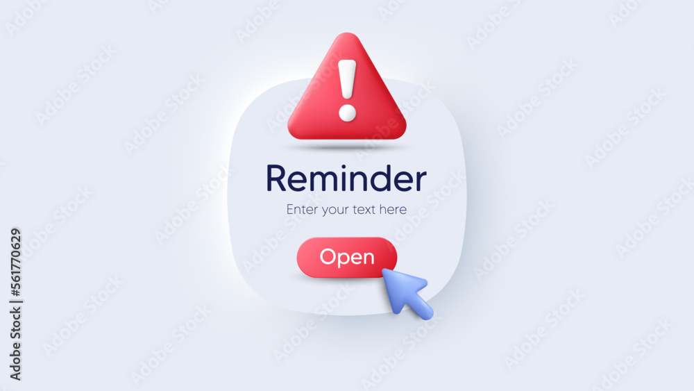 Poster reminder 3d notifications page with warning alert. calendar event notice message. push notifications