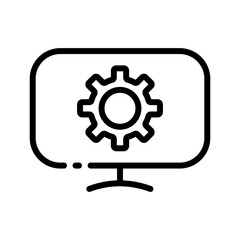 Computer line icon. Screen, monitor, settings, gear, electronics, browser, internet, world wide web, data, knowledge. Technology concept. Vector black line icon on white background.
