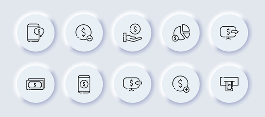 Earnings neomorphic line icons set. Balance, replenish, deposit, earnings, investments, stocks, business,data, bank, capital, tax, management, payment. finance concept. Vector neomorphic line icon set