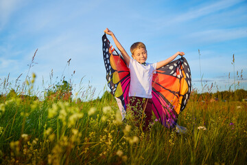 Handsome boy with bright butterfly wings having fun in meadow on natural landscape with grass and...